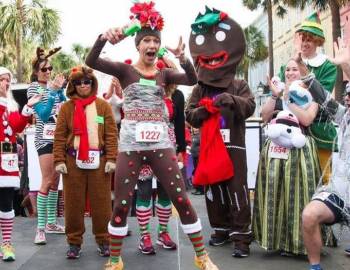 People dressed in Christmas outfits for a run