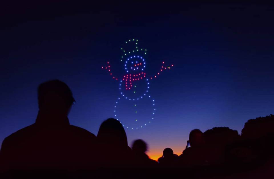 Drones in the sky in the shape of a snowman